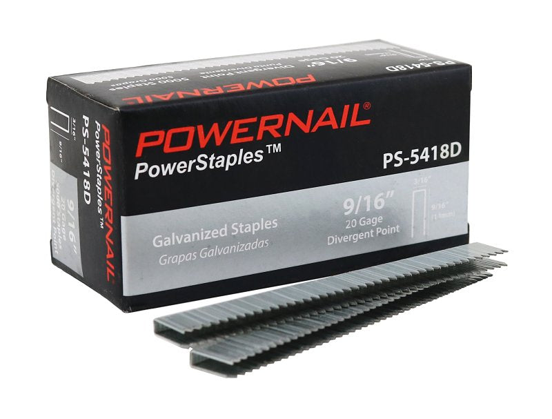 Powernail PowerStaples 5400 Series PS5418D Fine Wire Staple, 3/16 in W Crown, 9/16 in L Leg, 20 ga, Carbon Steel, 5000/PK