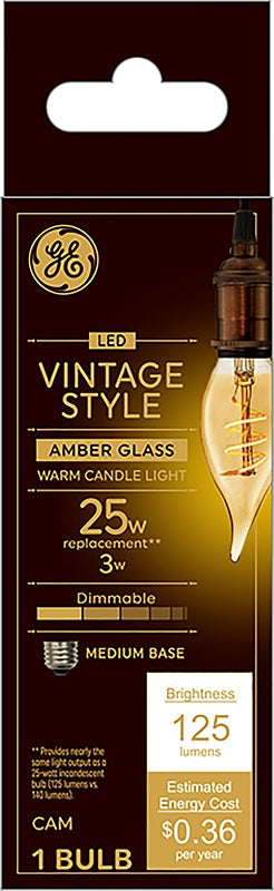 GE 36494 Vintage Light Bulb, CAM Lamp, 25 W Equivalent, E26 (Medium) Lamp Base, Dimmable, Amber, Warm White Light