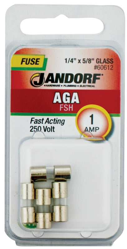 Jandorf 60612 Fast Acting Fuse, 1 A, 250 V, 35 A, 10 kA Interrupt, Glass Body