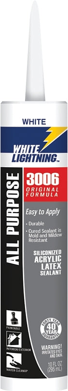 White Lightning W12AF0010 Adhesive Caulk, White, 5 to 7 days Curing, 40 deg F, 10 fl-oz, Cartridge