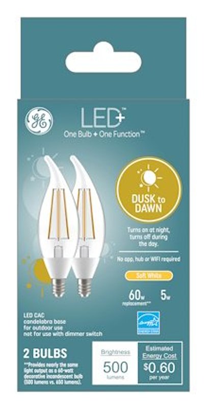GE LED+ 93121492 Dusk To Dawn Light Bulb, CAC Lamp, 60 W Equivalent, Candelabra (E12) Lamp Base, Non-Dimmable, Clear