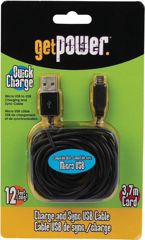 GetPower GP-XL-USB-M USB Charging and Sync Cable, Black, 12 ft L