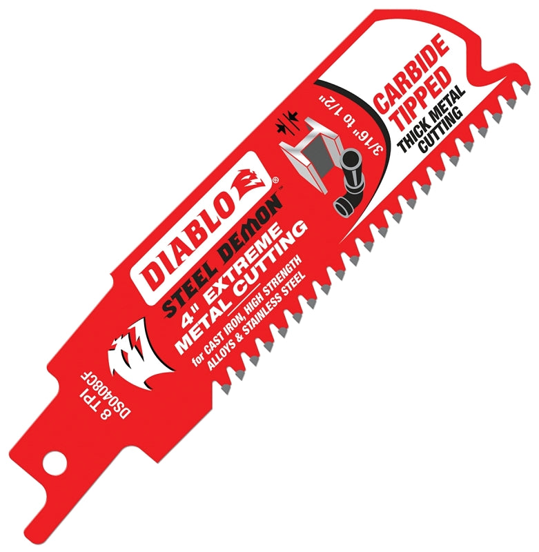 Diablo DS0408CF Reciprocating Saw Blade, 1 in W, 4 in L, 8 TPI, Carbide Cutting Edge