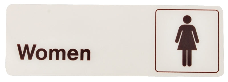 Hy-Ko D-14 Graphic Sign, Rectangular, WOMEN, Dark Brown Legend, White Background, Plastic, 3 in W x 9 in H Dimensions