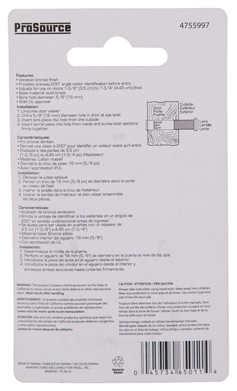 ProSource LR-002VB-PS Door Viewer, 200 deg Viewing, 1-3/8 to 2-1/8 in Thick Door, Solid Brass, Venetian Bronze