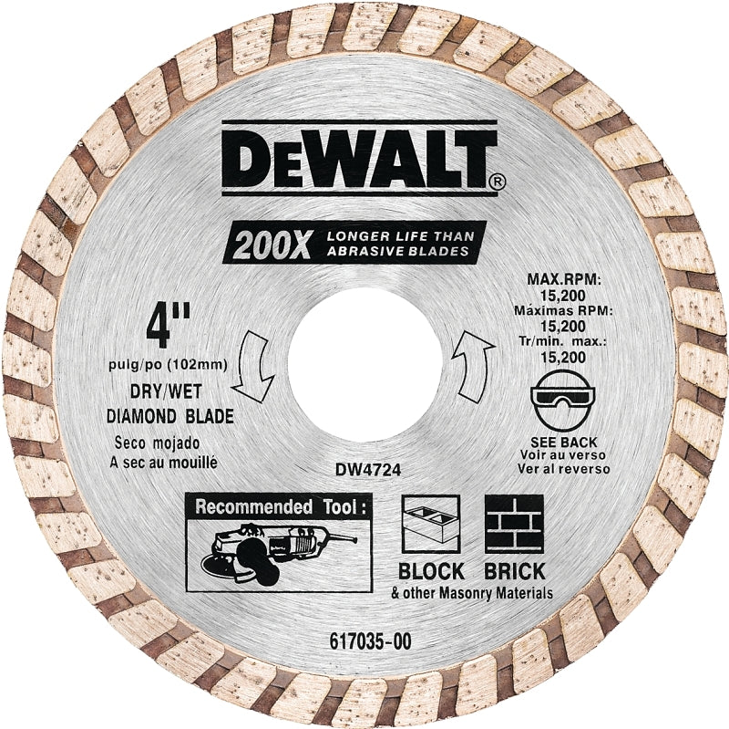 DeWALT DW4724 Circular Blade, 4 in Dia, 7/8 in Arbor, Diamond Cutting Edge, Continuous Rim