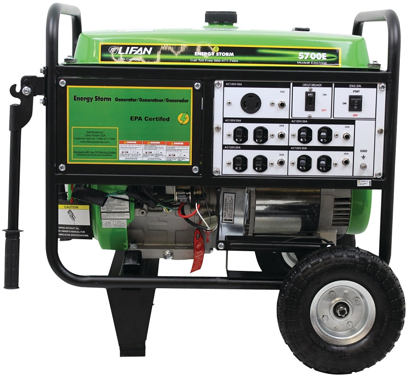 Lifan ES5700E Portable Generator, 42.2 A, 120/240 V, 5700 W Output, Octane Gas, 6.5 gal Tank, 10 hr Run Time