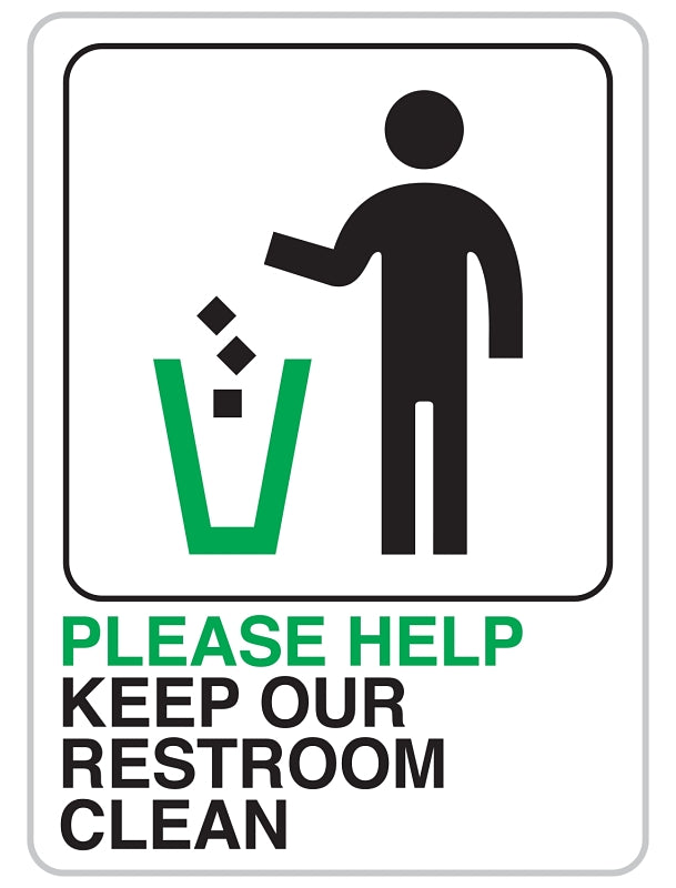 Hy-Ko D-27 Bathroom Sign, Rectangular, PLEASE HELP KEEP OUR RESTROOM CLEAN, Black/Green Legend, White Background