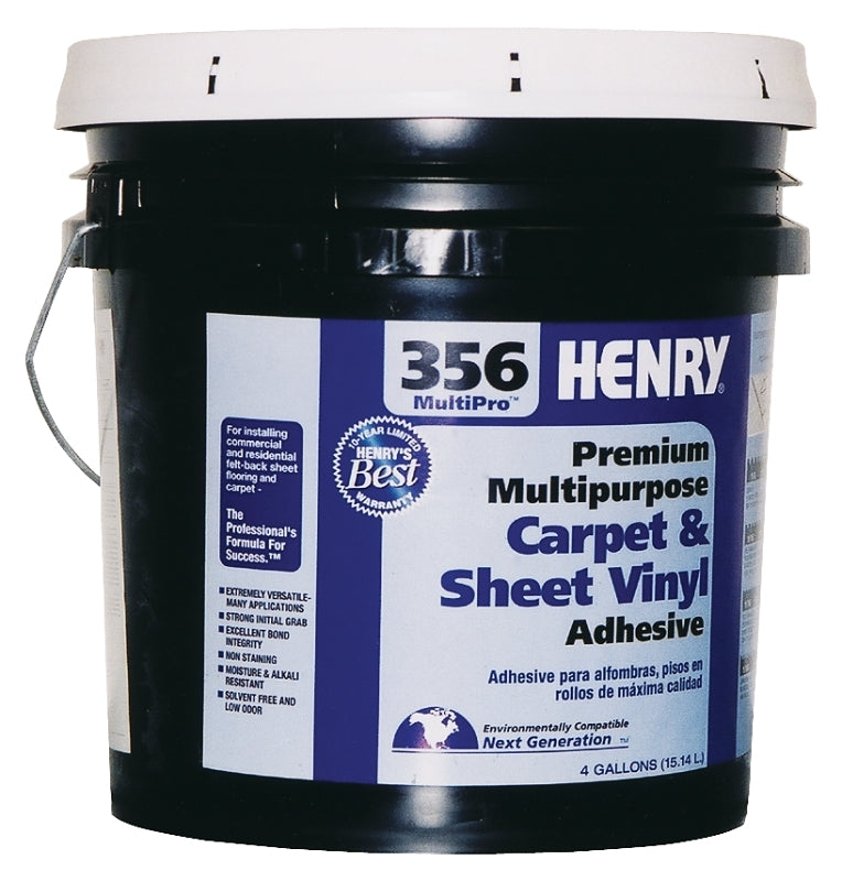 Henry 356C MultiPro 12075 Carpet and Sheet Adhesive, Paste, Mild, Pale Yellow, 4 gal, Pail