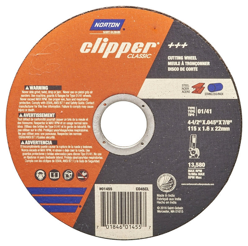 Norton Clipper Classic A AO Series 70184601455 Cut-Off Wheel, 4-1/2 in Dia, 0.045 in Thick, 7/8 in Arbor