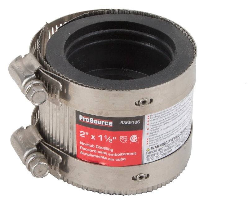 ProSource Coupling, 2 x 1-1/2 in, Rubber/Stainless Steel, Black/Stainless Steel Shield