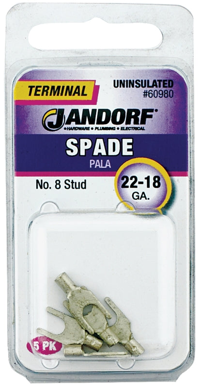 Jandorf 60980 Spade Terminal, 600 V, 22 to 18 AWG Wire, #8 Stud, Copper Contact