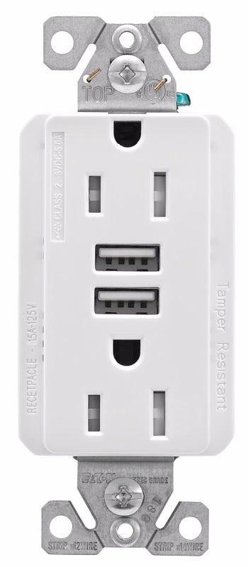 Eaton Cooper Wiring TRUSB5A15 TRUSB5A15W-K-L Receptacle, 2 -Pole, 5 A, 125 VAC, 2 -USB Port, Type A USB, White