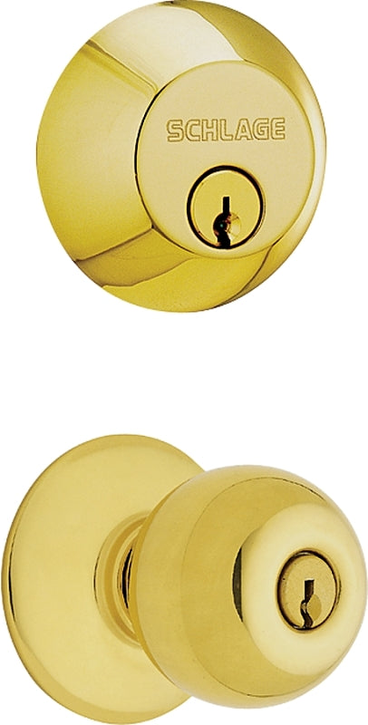 Schlage FB50NVPLY505 Deadbolt and Knobset, Mechanical Lock, Knob Handle, Round Design, Bright Brass, Yes, Grade 1 Grade