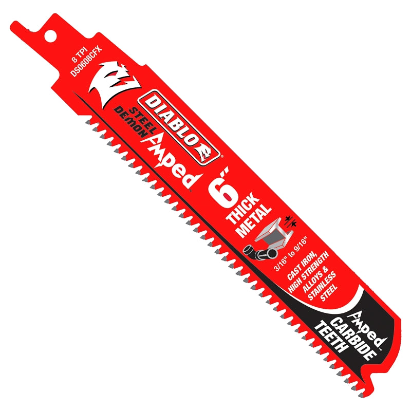 Diablo Steel Demon Amped DS0608CFA3 Reciprocating Saw Blade, 1 in W, 6 in L, 8 TPI, Carbide Cutting Edge
