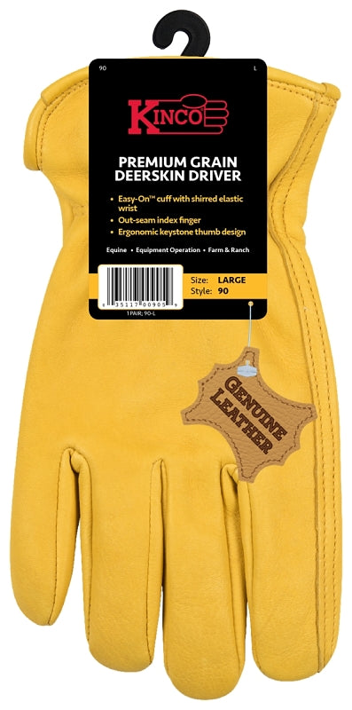 Kinco 90W-M Driver Gloves, Women's, M, Keystone Thumb, Easy-On Cuff, Grain Deerskin Leather, Gold