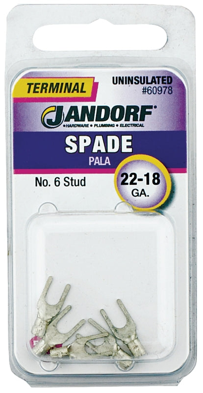 Jandorf 60978 Spade Terminal, 600 V, 22 to 18 AWG Wire, #6 Stud, Copper Contact