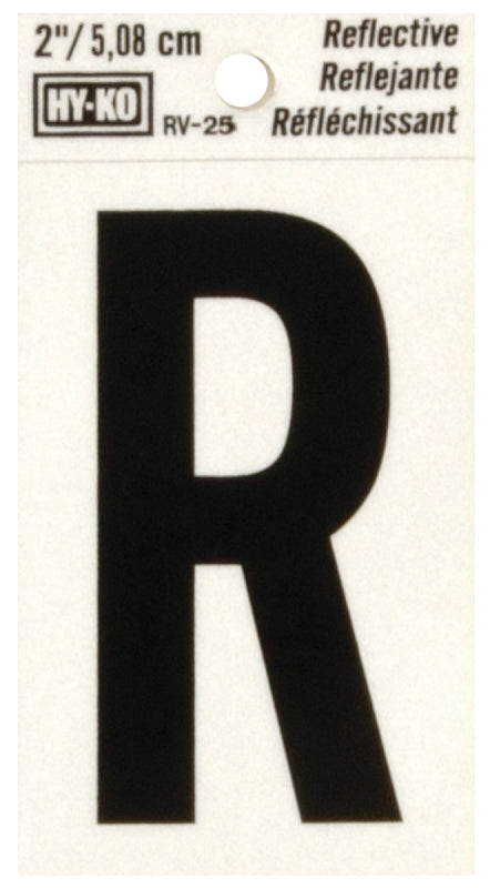 Hy-Ko RV-25/R Reflective Letter, Character: R, 2 in H Character, Black Character, Silver Background, Vinyl