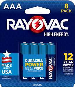 Rayovac High Energy 824-8T1 Battery, 1.5 V Battery, 1100 mAh, AAA Battery, Alkaline