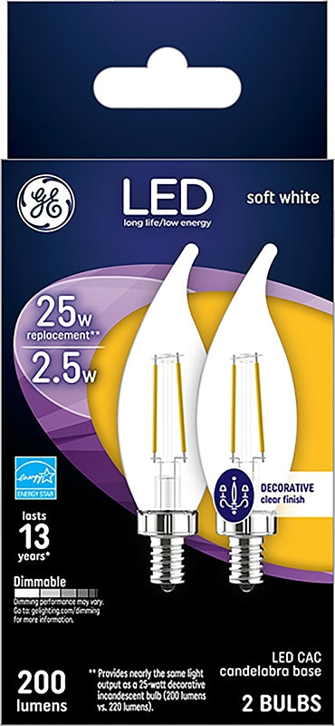 GE 22521 LED Bulb, Decorative, CAC Lamp, 25 W Equivalent, E17 Lamp Base, Dimmable, 2700 K Color Temp