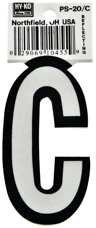 Hy-Ko PS-20/C Reflective Letter, Character: C, 3-1/4 in H Character, Black/White Character, Vinyl