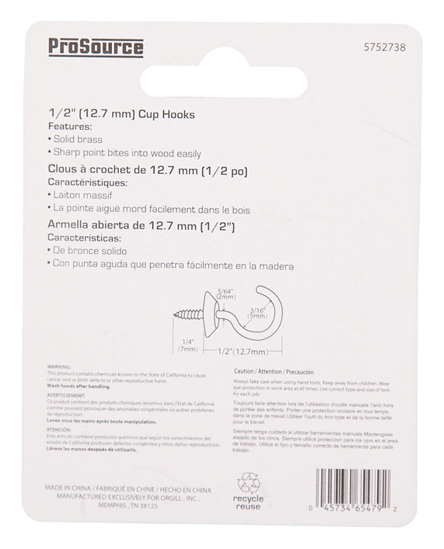 ProSource Cup Hook, 3/16 in Opening, 2.5 mm Thread, 3/4 in L, Brass, Brass