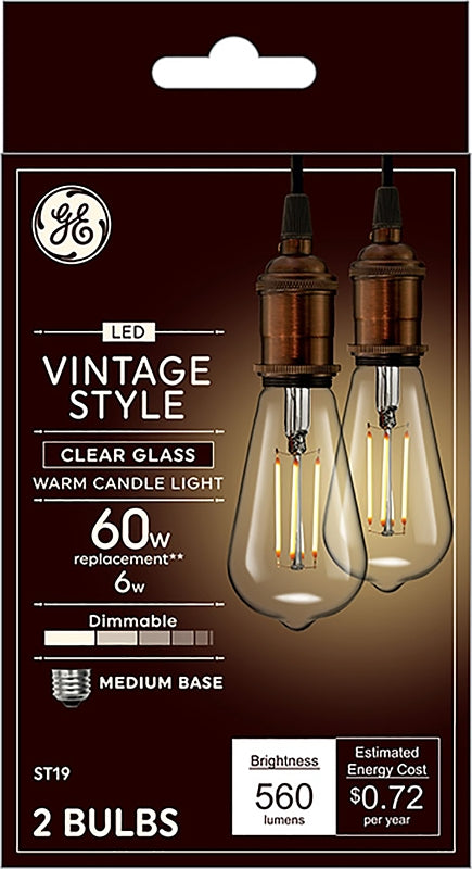 GE Industrial Solutions 36566 LED Bulb, Decorative, ST19 Lamp, E26 Lamp Base, Dimmable, Clear, Warm White Light