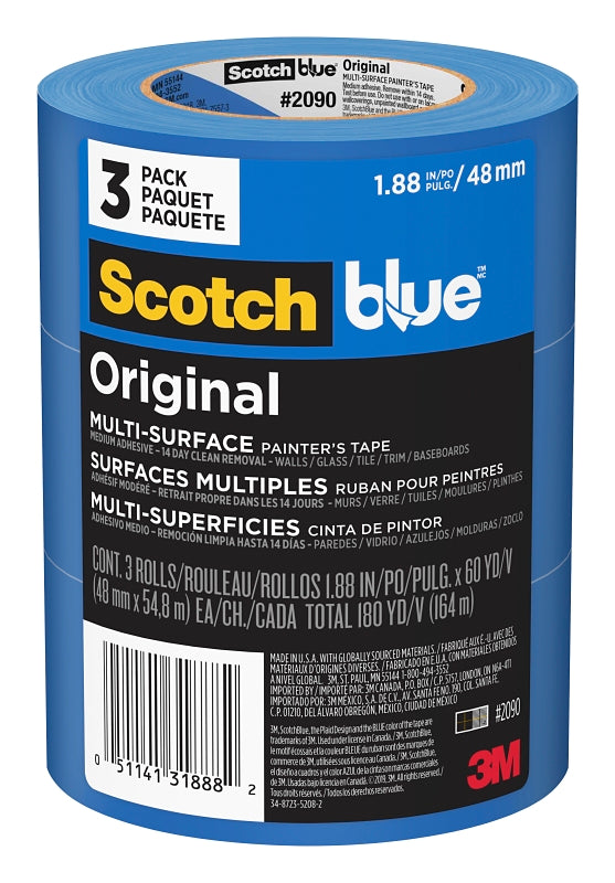 ScotchBlue 2090-48EVP Painter's Tape, 60 yd L, 1.88 in W, Crepe Paper Backing, Blue