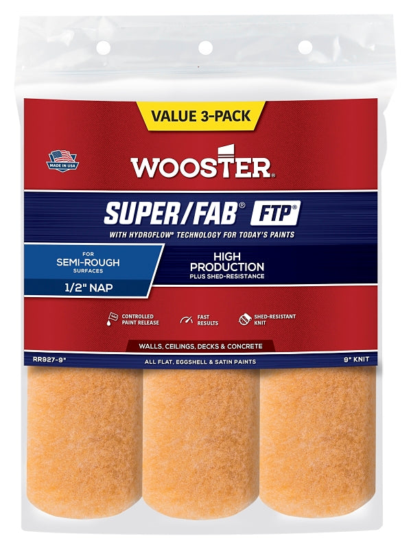 Wooster RR927-9 Roller Cover, 1/2 in Thick Nap, 9 in L, Knit Fabric Cover, Lager
