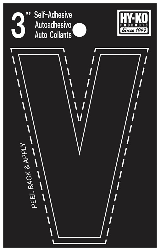 Hy-Ko 30400 Series 30432 Die-Cut Letter, Character: V, 3 in H Character, Black Character, Vinyl