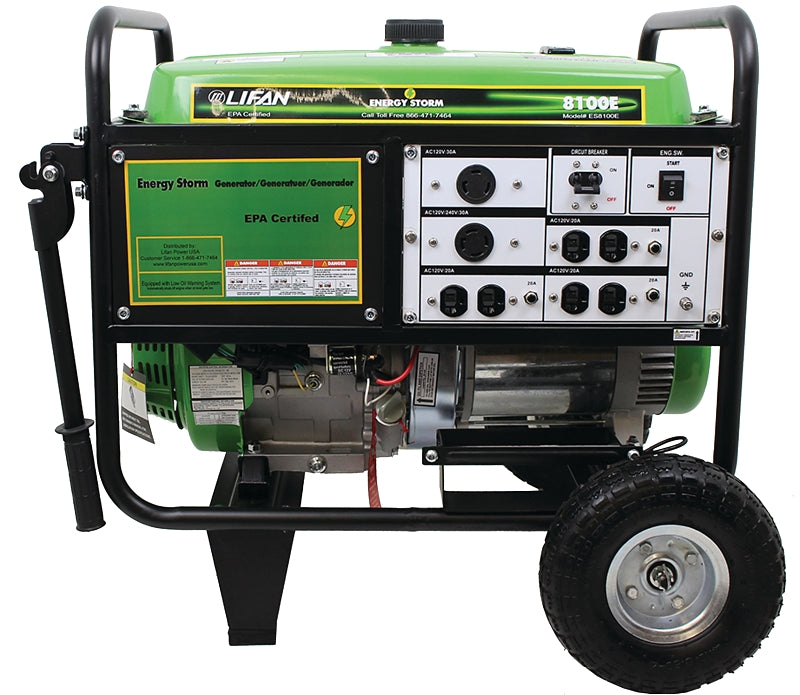 Lifan ES8100-E Portable Generator, 62.2 A, 120 VAC, 12 VDC, 8100 W Output, Octane Gas, 6.5 gal Tank, 8 hr Run Time