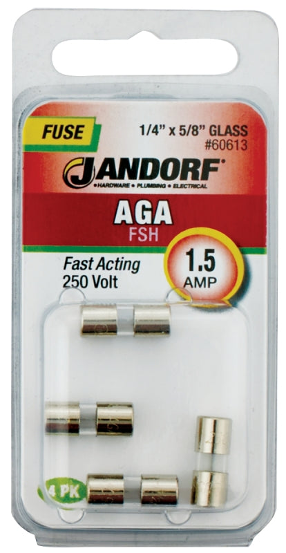 Jandorf 60613 Fast Acting Fuse, 1.5 A, 250 V, 100 A, 10 kA Interrupt, Glass Body