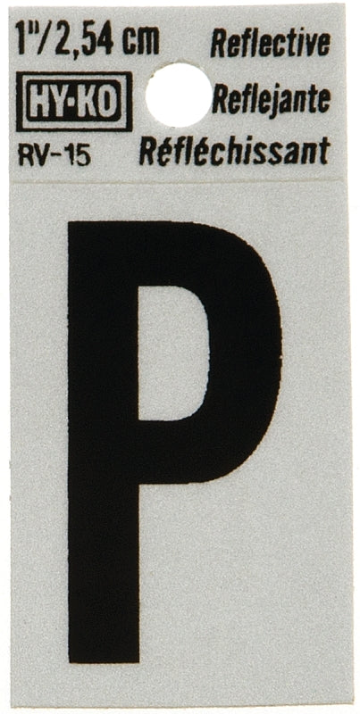 Hy-Ko RV-15/P Reflective Letter, Character: P, 1 in H Character, Black Character, Silver Background, Vinyl