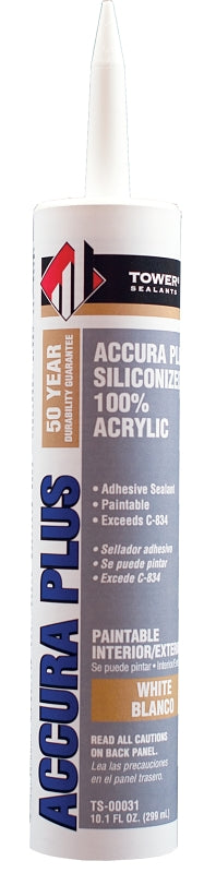 Tower Sealants ACCURA PLUS TS-00031 Silicone Sealant, White, 7 to 14 days Curing, 40 to 140 deg F, 10.1 fl-oz Tube