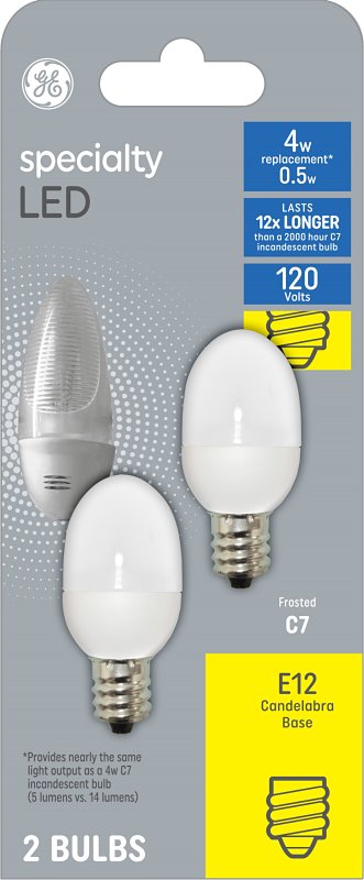 GE 12315 Light Bulb, 0.5 W, Candelabra (E12) Lamp Base, C7 Lamp, Soft White Light, 3 Lumens, 2700 K Color Temp