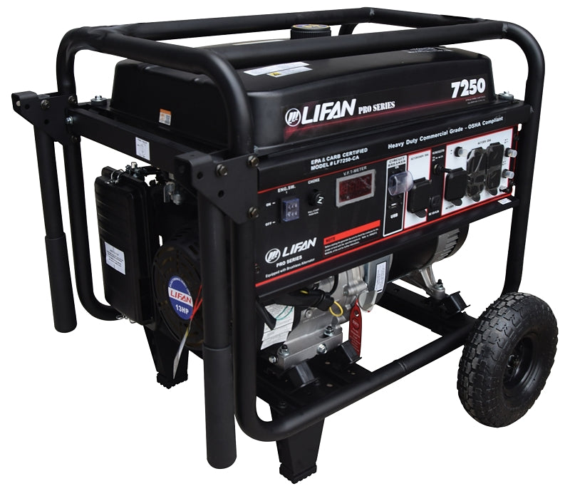 Lifan LF7250 Generator, 50 A, 120/240 V, 7250 W Output, Unleaded Gas, 7.5 gal Tank, 12 hr Run Time, Recoil Start