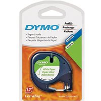 Dymo LetraTag 10697 Paper Label, 13 ft L, 1/2 in W, Black/White Legend, White Background