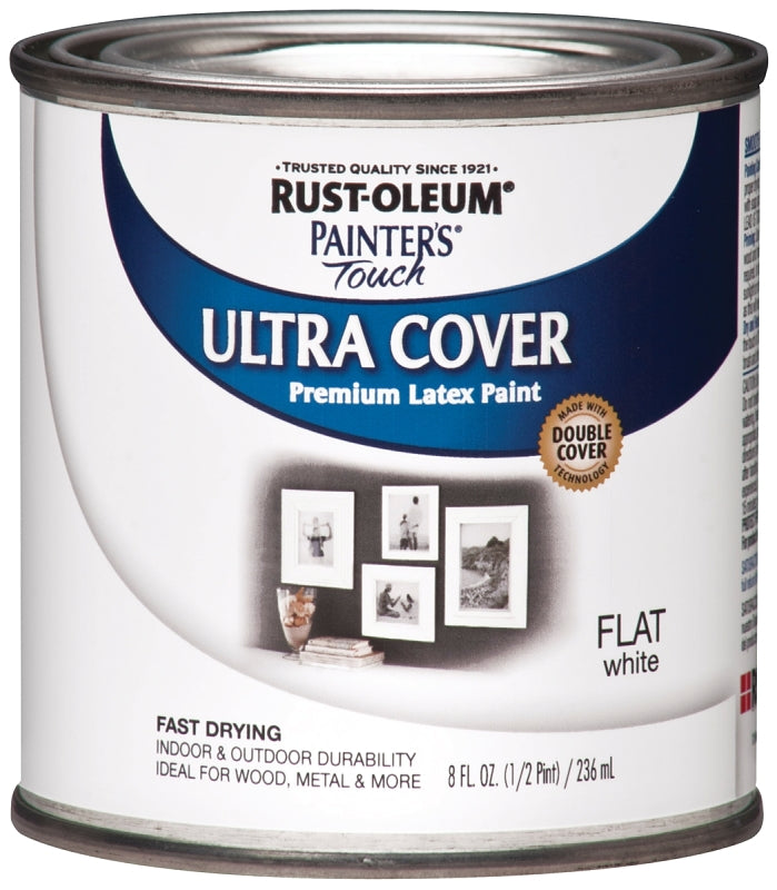 Painter's Touch Ultra Cover 1990730 Enamel Paint, Water Base, Flat Sheen, White, 0.5 pt, Can, 120 sq-ft Coverage Area