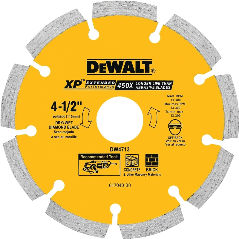 DeWALT DW4713T Circular Saw Blade, 4-1/2 in Dia, 5/8 in Arbor, Diamond Cutting Edge, Applicable Materials: Masonry