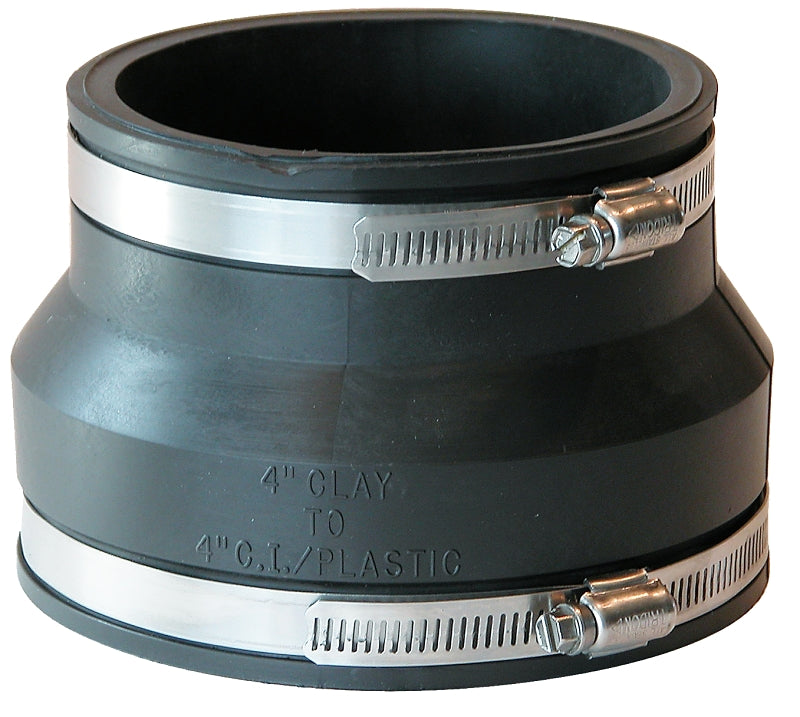 Fernco P1002-44 Flexible Coupling, 4 x 4 in, PVC, Black, 4.3 psi Pressure