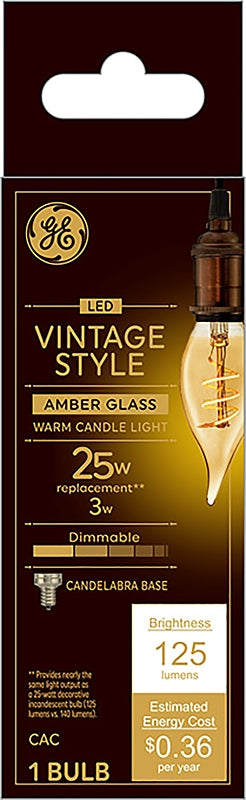 GE 36488 Vintage Light Bulb, CAC Lamp, 25 W Equivalent, E12 (Candelabra) Lamp Base, Dimmable, Amber, Warm White Light
