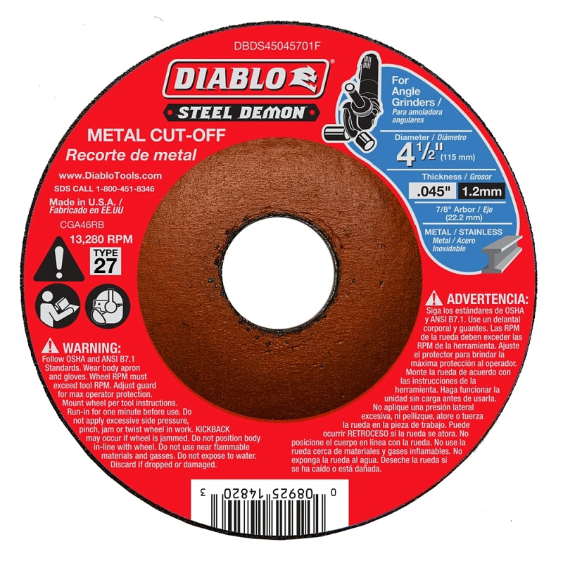 Diablo Steel Demon DBDS45045701F Cut-Off Disc, 4-1/2 in Dia, 0.045 in Thick, 7/8 in Arbor, Ceramic Abrasive