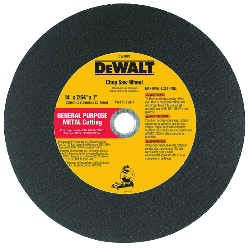 DeWALT DW8001 Cutting Wheel, 14 in Dia, 7/64 in Thick, 1 in Arbor, Coarse, Aluminum Oxide Abrasive