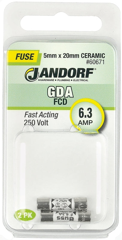 Jandorf 60671 Fast Acting Fuse, 6.3 A, 250 V, 1500 A Interrupt, Ceramic Body