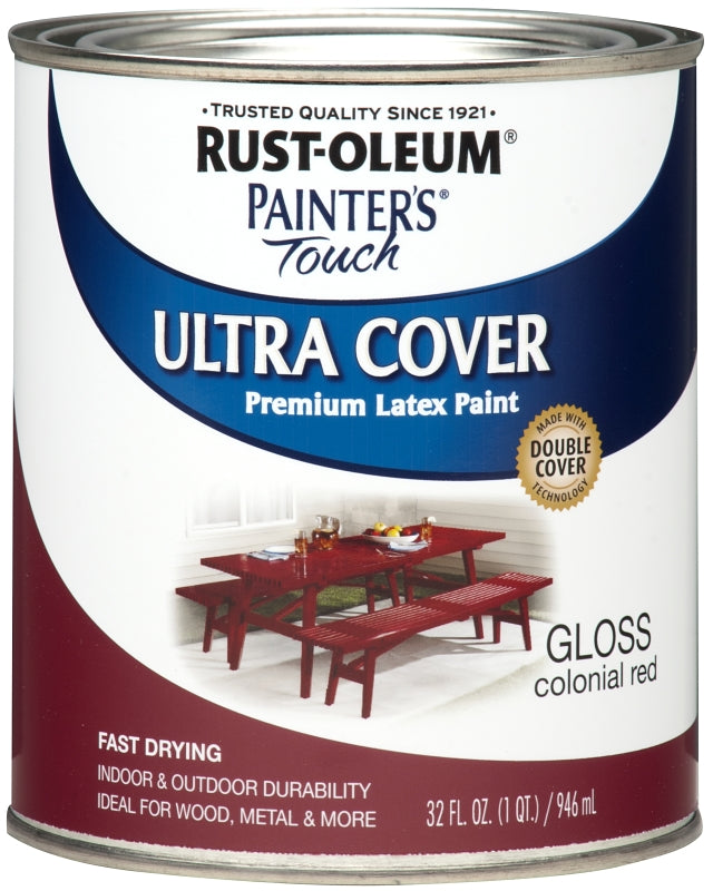 Painter's Touch Ultra Cover 1964502 Enamel Paint, Water Base, Gloss Sheen, Colonial Red, 1 qt, Can