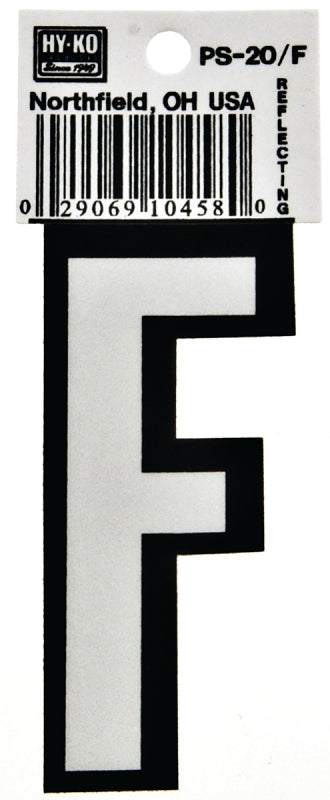 Hy-Ko PS-20/F Reflective Letter, Character: F, 3-1/4 in H Character, Black/White Character, Vinyl