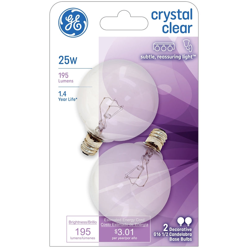 GE 17722 Light Bulb, 25 W, G16.5 Lamp, E12 Candelabra Lamp Base, 220 Lumens, 2500 K Color Temp, Soft White Light
