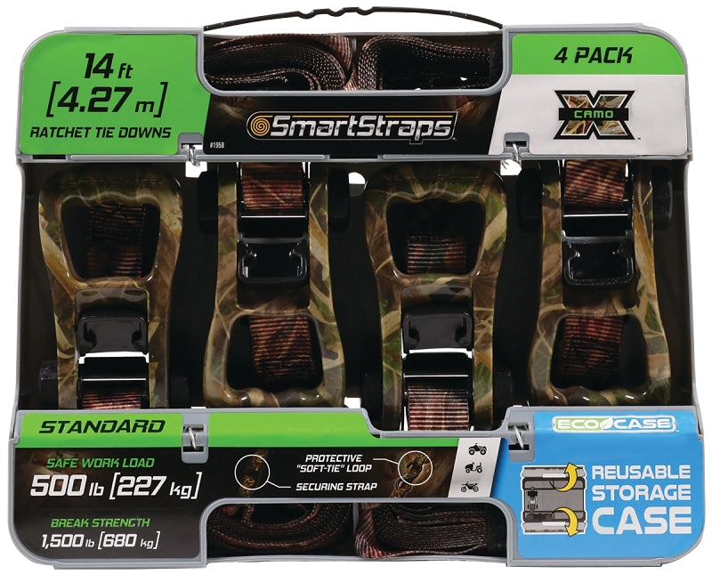 SmartStrap 1958 Tie-Down, 1 in W, 14 ft L, Polyester, 500 lb, S-Hook End Fitting, Steel End Fitting