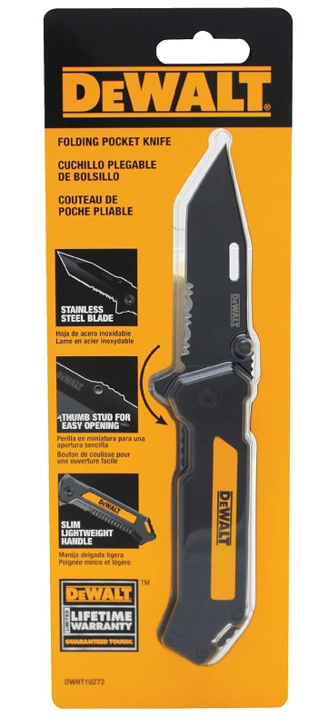 DeWALT DWHT10272 Pocket Knife, 3-1/2 in L Blade, Stainless Steel Blade, Lightweight Slim Handle, Black/Yellow Handle