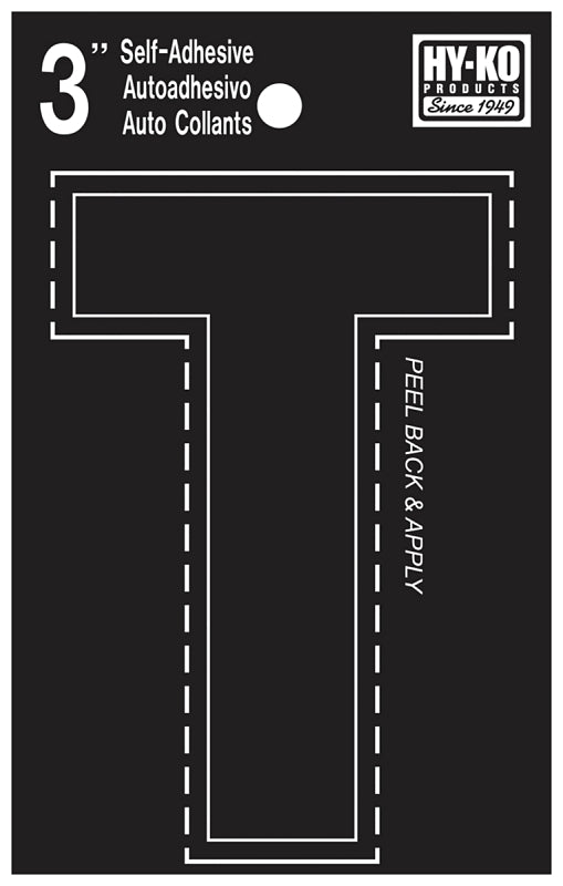 Hy-Ko 30400 Series 30430 Die-Cut Letter, Character: T, 3 in H Character, Black Character, Vinyl